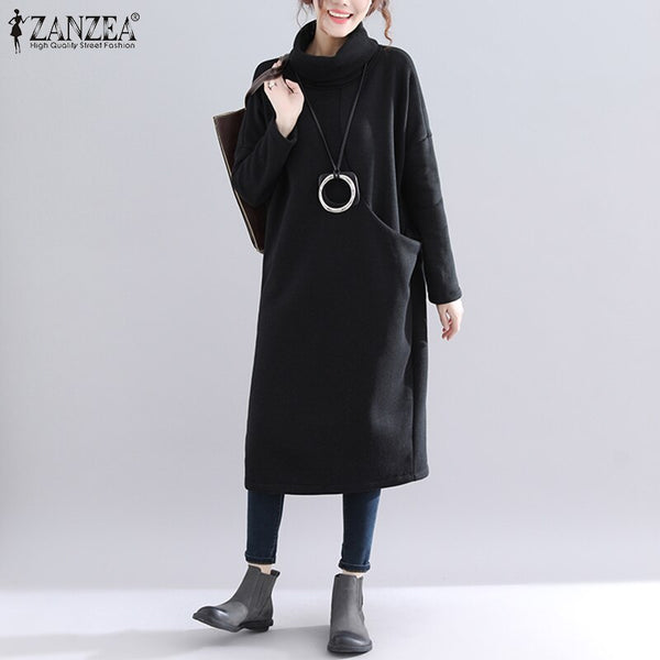 Womens Autumn Winter Sweatshirt Dress Casual Turtleneck Mid Calf Kaftan Female Soft Robe  ZANZEA Solid Side Pockets Vestidos