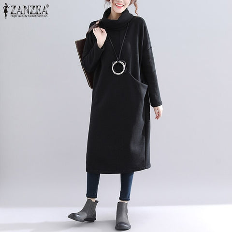Womens Autumn Winter Sweatshirt Dress Casual Turtleneck Mid Calf Kaftan Female Soft Robe  ZANZEA Solid Side Pockets Vestidos