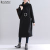 Womens Autumn Winter Sweatshirt Dress Casual Turtleneck Mid Calf Kaftan Female Soft Robe  ZANZEA Solid Side Pockets Vestidos