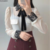Womens Basic Office Lady Work Wear Sexy Transaprent Cute Bow Tie Top Black Lace Single Breasted Button Solid White Shirts Blouse