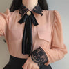 Womens Basic Office Lady Work Wear Sexy Transaprent Cute Bow Tie Top Black Lace Single Breasted Button Solid White Shirts Blouse