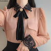 Womens Basic Office Lady Work Wear Sexy Transaprent Cute Bow Tie Top Black Lace Single Breasted Button Solid White Shirts Blouse