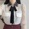 Womens Basic Office Lady Work Wear Sexy Transaprent Cute Bow Tie Top Black Lace Single Breasted Button Solid White Shirts Blouse
