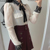 Womens Basic Office Lady Work Wear Sexy Transaprent Cute Bow Tie Top Black Lace Single Breasted Button Solid White Shirts Blouse