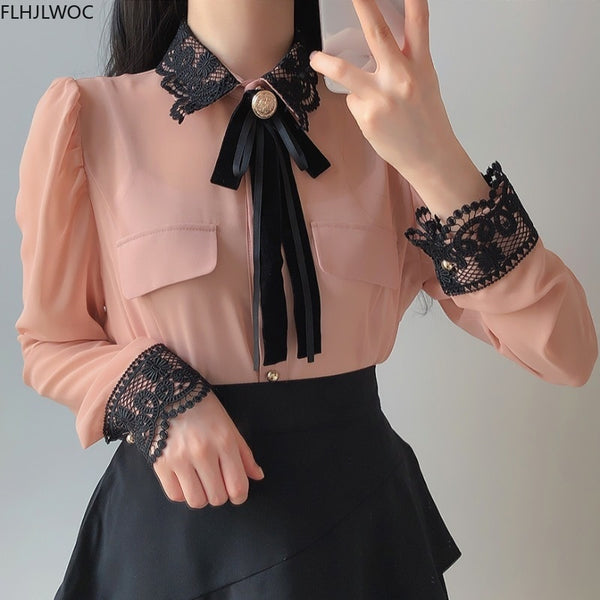 Womens Basic Office Lady Work Wear Sexy Transaprent Cute Bow Tie Top Black Lace Single Breasted Button Solid White Shirts Blouse