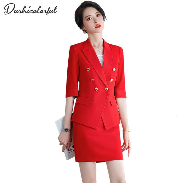 Womens Blazer Skirt Two Piece Suit Set Double Breasted Jacket Mini Skirts 2023 Spring Summer Office Ladies Red Formal Suit