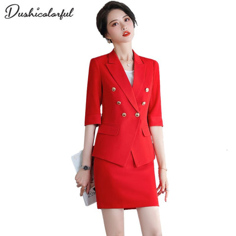 Womens Blazer Skirt Two Piece Suit Set Double Breasted Jacket Mini Skirts 2023 Spring Summer Office Ladies Red Formal Suit