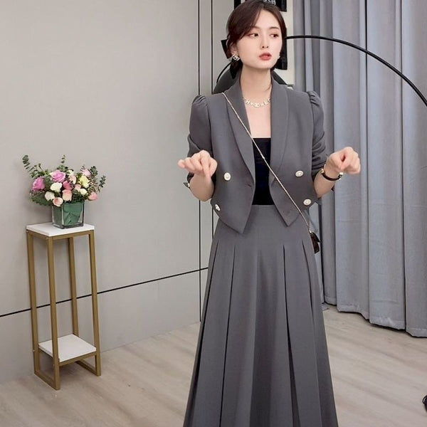 Womens Blazer and Skirt Set Suit Long Sleeve High-waist Pleated Skirts and Jacket 2 Piece Sets 2023 Autumn Trendy