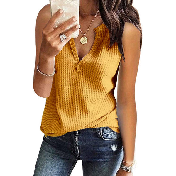 Womens Blouses Summer V Neck Shirts Sleeveless Solid Waffle Knit Loose Fitting Casual Leisure Tee Tops Футболка женская