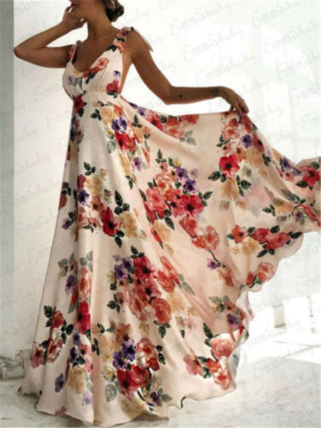 Womens Boho Dress Sleeveless Floral Tied Shoulder Backless Party Long Maxi Deep V-neck Backless Dress