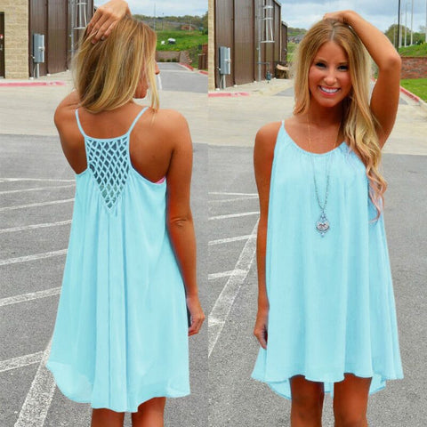 Womens Camis Mini Dress Long Top Sexy Spaghetti Strap Sleeveless Chiffon Summer Voile Hollow-out Backless Beach Plus Size DQ4938