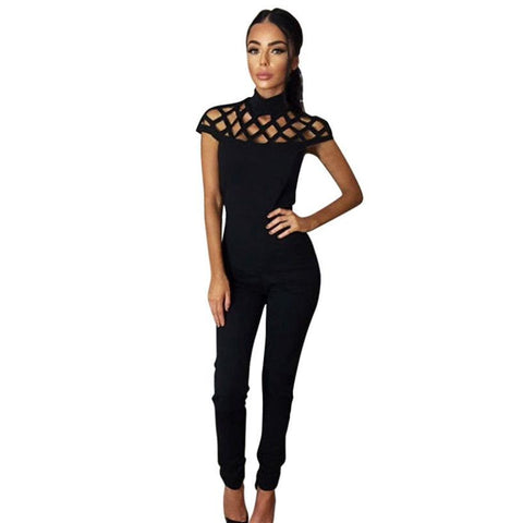 Womens Choker High Neck Caged Sleeve Playsuits Long Jumpsuits Rompers Combinaison Femme #GH