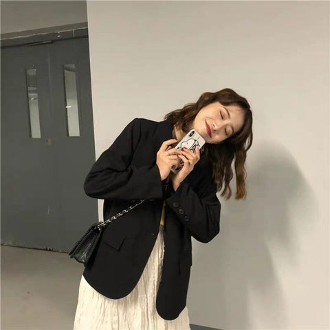 Womens Elegant Blazers Clothing Vintage Solid Color Office Ladies Loose Long Sleeve Loose Chic Single Breasted Top