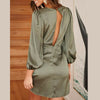 Womens Elegant Silk Satin Dress High Street Autumn Long Sleeve Formal Party Cocktail Mini Dress Sexy V-neck Vogue Tunic Dresses