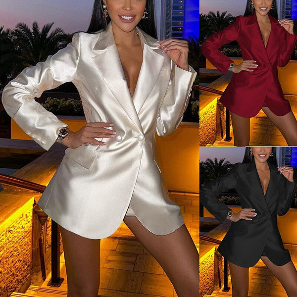 Womens Faux Satin Lapel Collar Blazer Jacket Slim Fit Formal Dress Suit Outwear