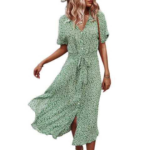 Womens Floral Print Midi Dress Button Short Sleeve Belted Loose Shirt Dress Short Sleeve A line Dresses Sundress Party Club Robe