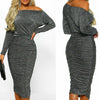 Womens Glitter Frill Midi Dress Ladies Sparkle Everning Party Clubwear Sexy Word Shoulder Pocket Waist Dress