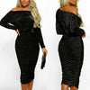 Womens Glitter Frill Midi Dress Ladies Sparkle Everning Party Clubwear Sexy Word Shoulder Pocket Waist Dress