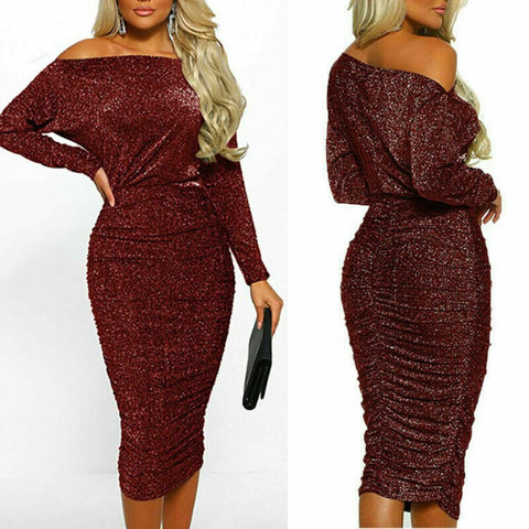Womens Glitter Frill Midi Dress Ladies Sparkle Everning Party Clubwear Sexy Word Shoulder Pocket Waist Dress