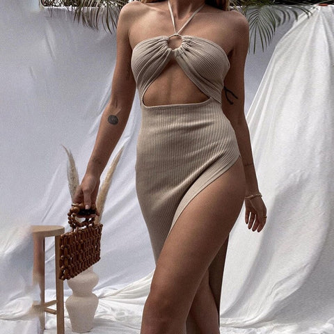 Womens Halter Bodycon Midi Dress Sexy Sleeveless Backless Ring Front High Slit Rib Knit Dress Summer  Party Beach Dresses