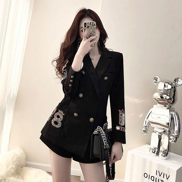 Womens Jackets Coats Loose Casual Double Breasted Embroidery  England Female Black Blazers Outerwear Harajuku