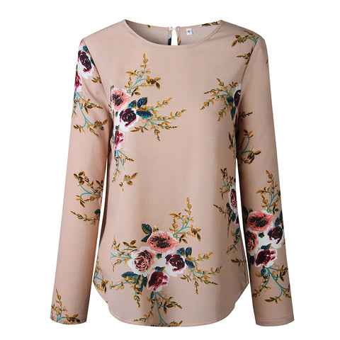 Womens Long Sleeved Floral Shirts Casual Round Neck Pullover Tops Flowers Pattern Printed Loose Shirts Ropa Mujer WS9311U