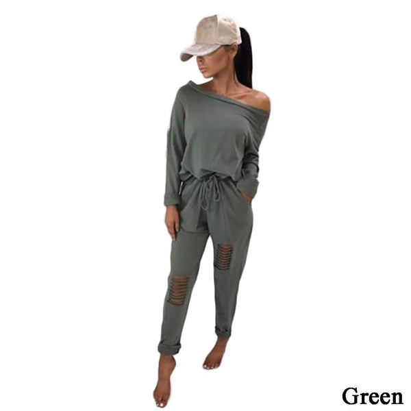 Womens One Shoulder Ripped Jumpsuit Long Sleeve T Shirts + Long Pants Ladies Evening Party Casual Playsuit #255693