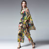 Womens Plus Size Casual Suits Loose Print Silk Lotus Elegant Two Piece Summer Tops And Pants Elastic Waist Crew Neck Suit