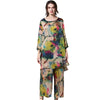 Womens Plus Size Casual Suits Loose Print Silk Lotus Elegant Two Piece Summer Tops And Pants Elastic Waist Crew Neck Suit