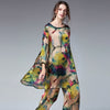 Womens Plus Size Casual Suits Loose Print Silk Lotus Elegant Two Piece Summer Tops And Pants Elastic Waist Crew Neck Suit