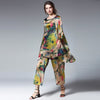 Womens Plus Size Casual Suits Loose Print Silk Lotus Elegant Two Piece Summer Tops And Pants Elastic Waist Crew Neck Suit