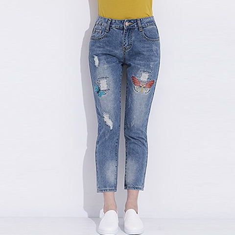 Womens Ripped Jeans With Embroidery 2022 Ladies Distressed Jeans Casual Cotton Broken Denim Pants Pantalones Vaqueros Mujer