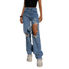 Womens Ripped Loose Fit Jeans Wide Leg For Women High Waist Blue Wash Casual Cotton Denim Trousers Summer Baggy Jean Pants