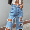 Womens Ripped Loose Fit Jeans Wide Leg For Women High Waist Blue Wash Casual Cotton Denim Trousers Summer Baggy Jean Pants 6281