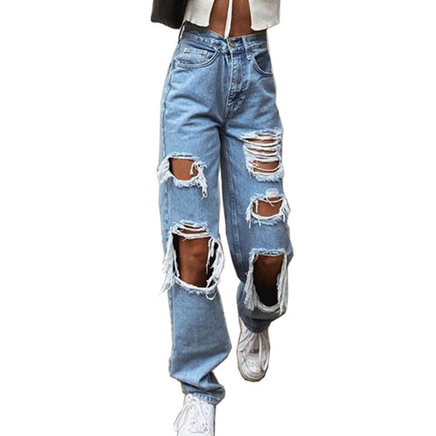Womens Ripped Loose Fit Jeans Wide Leg For Women High Waist Blue Wash Casual Cotton Denim Trousers Summer Baggy Jean Pants 6281