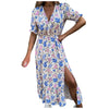 Womens Sexy V-Neck Pink Floral Print Maxi Dress Summer Short Sleeve Beach Sundress Beach Dress Cover Up Side Slits Casual Loose