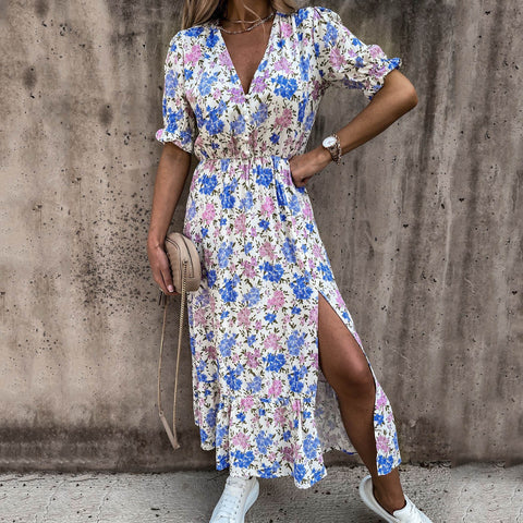 Womens Sexy V-Neck Pink Floral Print Maxi Dress Summer Short Sleeve Beach Sundress Beach Dress Cover Up Side Slits Casual Loose