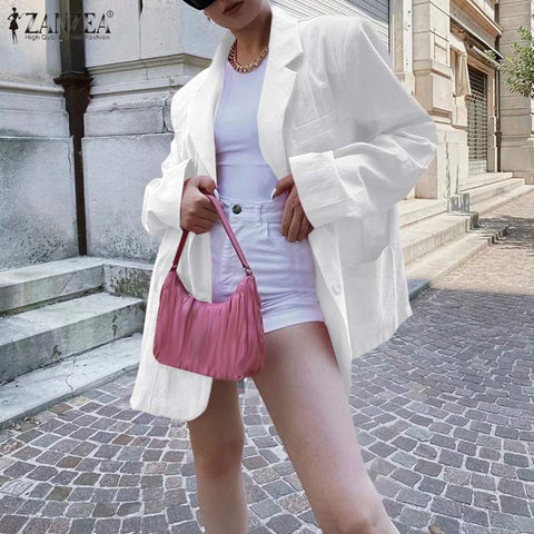 Womens Street Blazer ZANZEA Solid Long Sleeve Cardigans Autumn Oversized Cotton Linen Outwear Female Casual Loose Coats