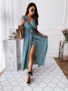 Womens Summer Maxi Dress Short Sleeve V-Neck Ladies Polka Dot Dreeses Split Vestidos For Femela Boho Beach Holiday Dress