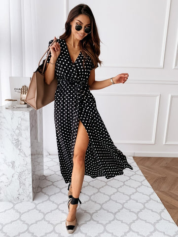 Womens Summer Maxi Dress Short Sleeve V-Neck Ladies Polka Dot Dreeses Split Vestidos For Femela Boho Beach Holiday Dress