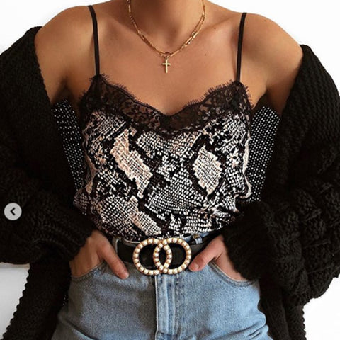 Womens Summer Sexy Snake Skin Cobra Print Casual Off Shoulder Short Tank Shirt Beach Vest Tank