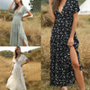 Womens Summer Short Sleeve Sexy Deep V-Neck Maxi Long Dress Bohemian Floral Print Ruffles Hem Side Split Tie Waist Beach