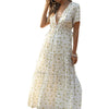 Womens Summer Short Sleeve Sexy Deep V-Neck Maxi Long Dress Bohemian Floral Print Ruffles Hem Side Split Tie Waist Beach