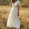 Womens Summer Short Sleeve Sexy Deep V-Neck Maxi Long Dress Bohemian Floral Print Ruffles Hem Side Split Tie Waist Beach