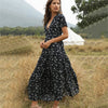 Womens Summer Short Sleeve Sexy Deep V-Neck Maxi Long Dress Bohemian Floral Print Ruffles Hem Side Split Tie Waist Beach