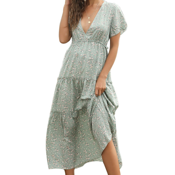 Womens Summer Short Sleeve Sexy Deep V-Neck Maxi Long Dress Bohemian Floral Print Ruffles Hem Side Split Tie Waist Beach