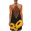 Womens Sunflower Print Mini Dress Helter O-neck Sleeveless Tank Sexy Blouse Vest Dress Backless Hollow Out Beach Dresses Vestido