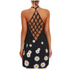 Womens Sunflower Print Mini Dress Helter O-neck Sleeveless Tank Sexy Blouse Vest Dress Backless Hollow Out Beach Dresses Vestido