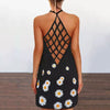 Womens Sunflower Print Mini Dress Helter O-neck Sleeveless Tank Sexy Blouse Vest Dress Backless Hollow Out Beach Dresses Vestido