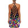 Womens Sunflower Print Mini Dress Helter O-neck Sleeveless Tank Sexy Blouse Vest Dress Backless Hollow Out Beach Dresses Vestido